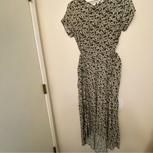A New Day Short Sleeve green micro floral side Cut Out Dress hi low maxi L - Picture 2 of 12